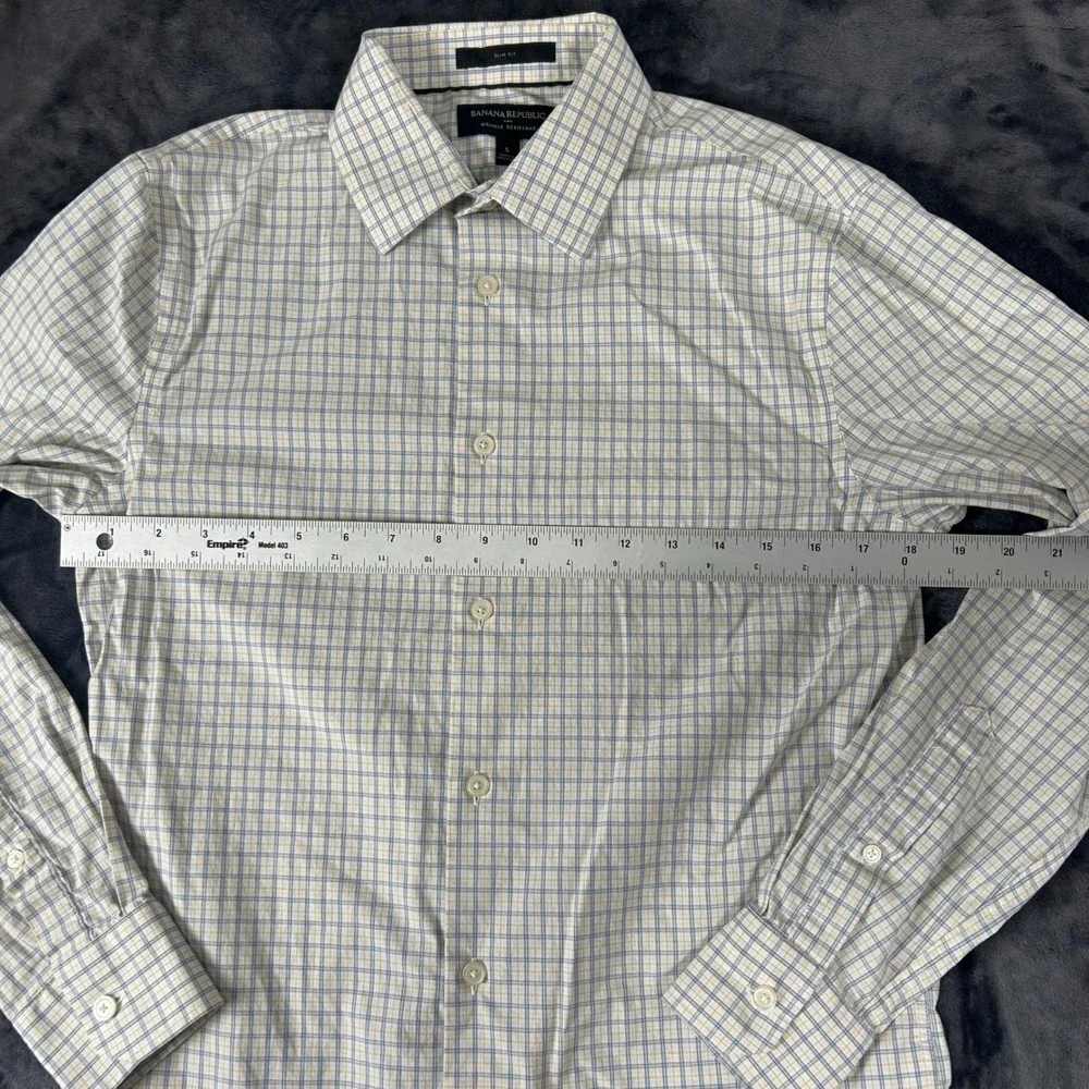 Banana Republic Button Down Mens S White Blue Plaid Slim Fit Wrinkle Resistant